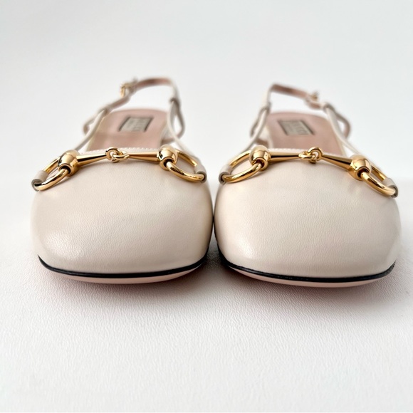 GUCCI || Lady Horsebit White Leather Slingback Closed Toe Block Heel Pumps 7.5 - Picture 4 of 14